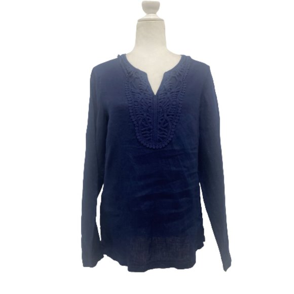 Long Tall Sally Blue Linen Embroidered Crochet Tunic Size 6 - Picture 1 of 7